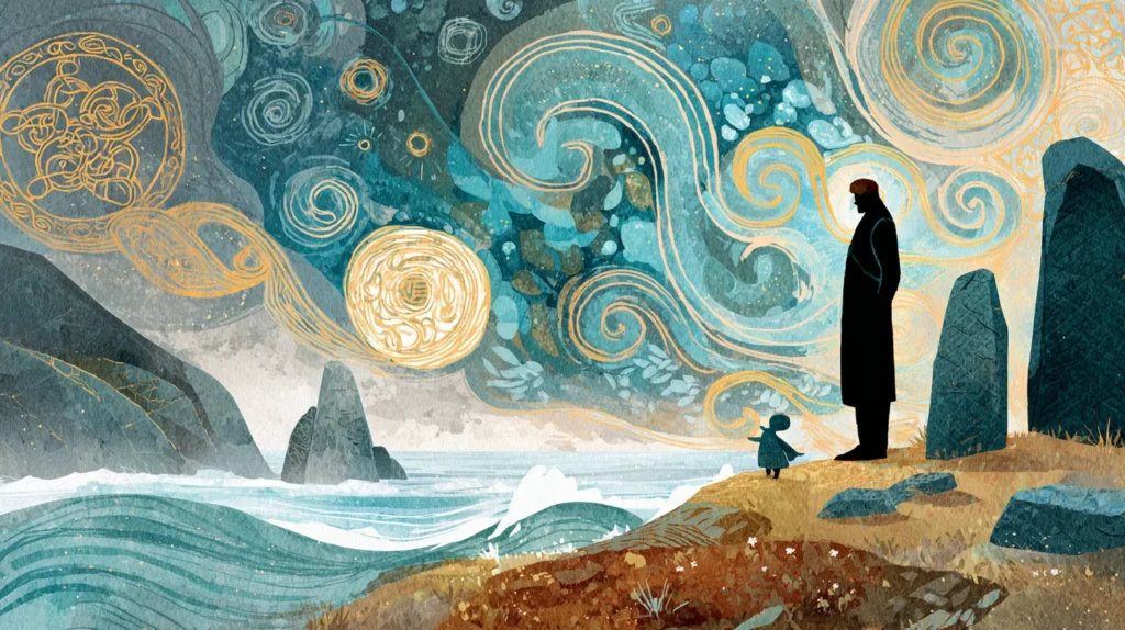 A father and small child stand together on a coastal cliff overlooking the sea, silhouetted against a sky filled with golden and turquoise Celtic spiral patterns, in the illustrated style of Song of the Sea animation.