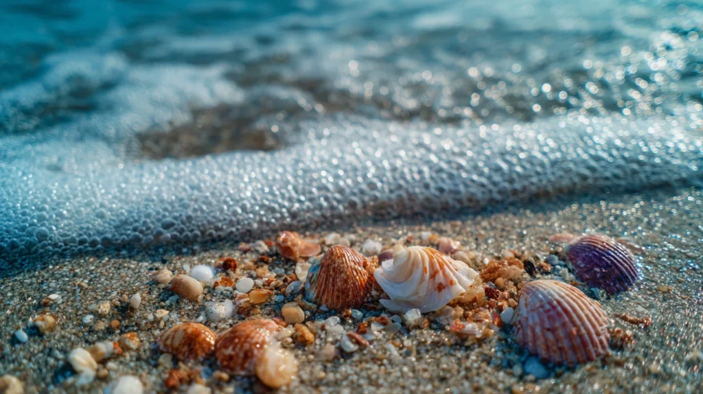 Seashells getting washed away on the beach representing grief